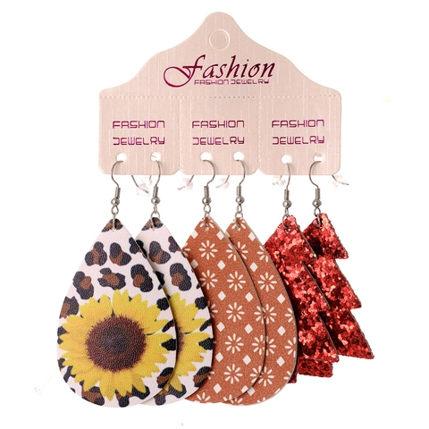 Faux Leather Teardrop Earrings Set Halloween Christmas Teacher Graduation Theme Leopard Plaid Glitter Drop Earrings For Women