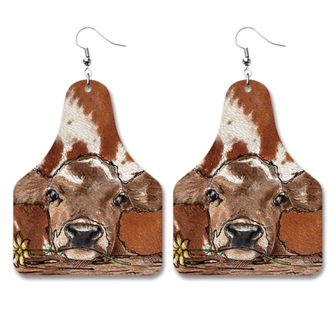 Western Cowboy Cow Tag PU Leather Dangle Earrings Animal Pattern Leopard Print Boho Festive Jewelry For Women