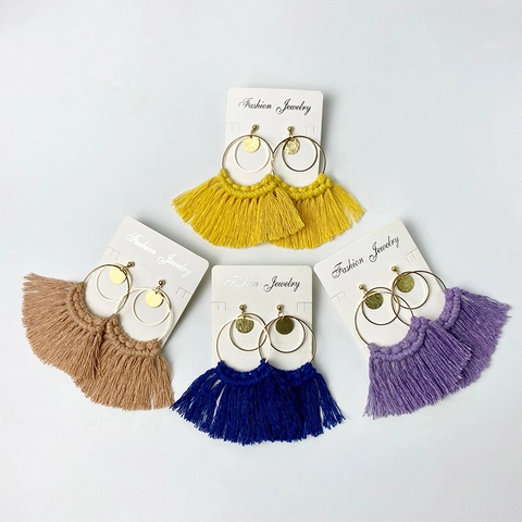 Bohemian Brass Alloy Cotton Weaving Tassel Drop Earrings For Women Handmade Fan Shaped Ethnic Vintage Wedding Jewelry