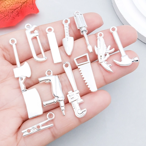 Mini Bright Silver Alloy Tool Charms Pendants Hardware Wrench Hammer Saw Ruler Screwdriver Pliers For DIY Jewelry Making Accessories