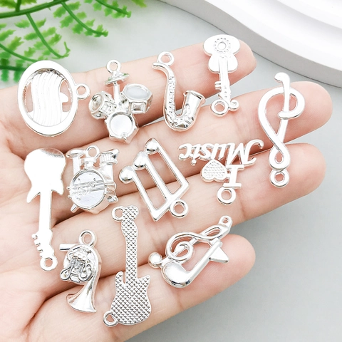 Vintage Bright Silver Zinc Alloy Music Note Guitar Musical Instrument Pendants DIY Charms For Jewelry Making Accessories