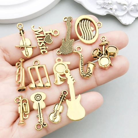 Vintage Antique Gold Zinc Alloy Musical Instrument Charms Set For DIY Jewelry Making Guitar Violin Saxophone Notes Music Theme Pendants For Bracelet Necklace