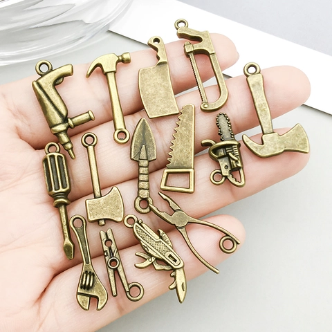 Vintage Zinc Alloy Tool Pendants Antique Bronze Wrench Hammer Saw Axe Charms For DIY Jewelry Making Necklaces Bracelet Accessory