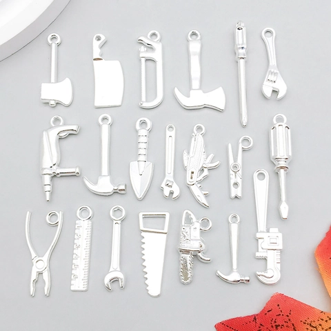 Mini Bright Silver Alloy Tool Charms Pendants Hardware Wrench Hammer Saw Ruler Screwdriver Pliers For DIY Jewelry Making Accessories