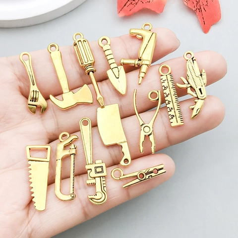 Antique Gold Alloy Tool Charms For DIY Jewelry Making Wrench Hammer Saw Axe Screwdriver Pendants Craft Findings Accessory