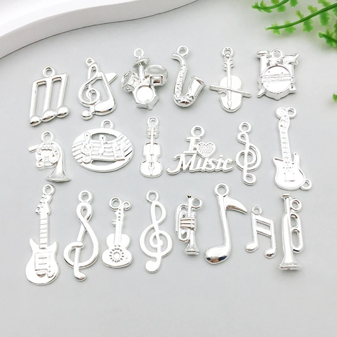 Vintage Bright Silver Zinc Alloy Music Note Guitar Musical Instrument Pendants DIY Charms For Jewelry Making Accessories