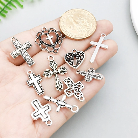 Vintage Zinc Alloy Cross Pendants Antique Silver Heart Rose Hollow Charms For DIY Necklace Bracelet Jewelry Making Accessories