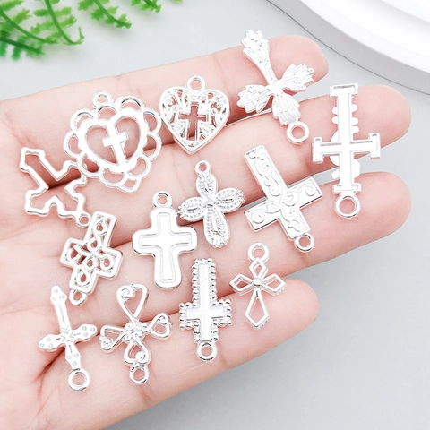 Colgantes de Cruz Calada de Aleación de Zinc Plata para Conjunto de Accesorios Joyería Bricolaje Colgantes Religiosos Católicos Corazón Floral