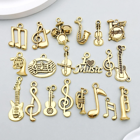 Vintage Antique Gold Zinc Alloy Musical Instrument Charms Set For DIY Jewelry Making Guitar Violin Saxophone Notes Music Theme Pendants For Bracelet Necklace