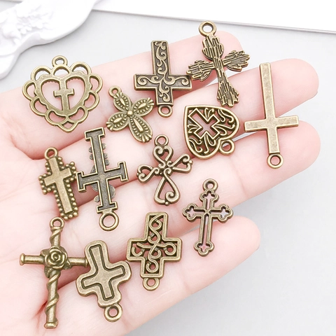 Vintage Antique Bronze Zinc Alloy Cross Pendants Hollow Heart Rose Carved Charms For DIY Necklace Bracelet Jewelry Making Accessories