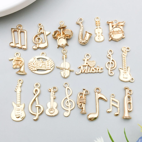 Colgantes de Nota de Instrumento Musical Aleación de Zinc Oro DIY Joyería Guitarra Violín Saxofón Símbolo de Música Accesorio
