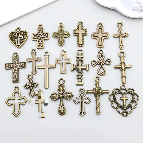 Vintage Antique Bronze Zinc Alloy Cross Pendants Hollow Heart Rose Carved Charms For DIY Necklace Bracelet Jewelry Making Accessories