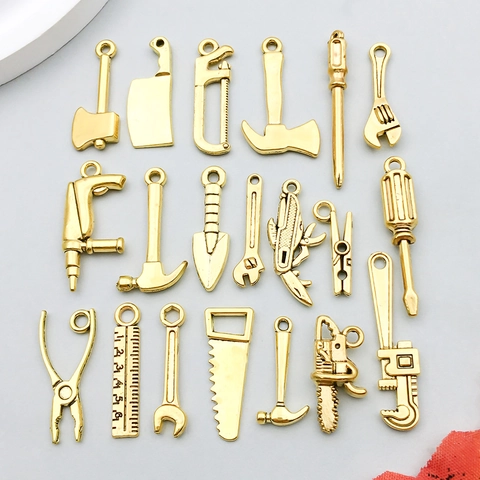 Antique Gold Alloy Tool Charms For DIY Jewelry Making Wrench Hammer Saw Axe Screwdriver Pendants Craft Findings Accessory