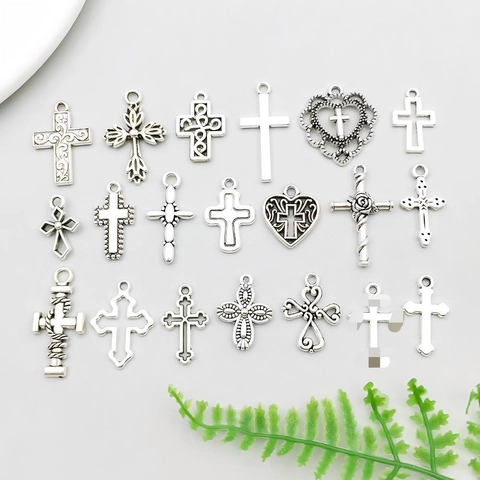 Vintage Zinc Alloy Cross Pendants Antique Silver Heart Rose Hollow Charms For DIY Necklace Bracelet Jewelry Making Accessories