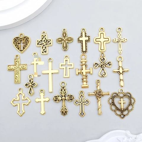 Antikgold Legierung Kreuz Anhänger Vintage Hohl Herz Rose Religiöse Charms Für DIY Halskette Armband Herstellung Schmuckzubehör
