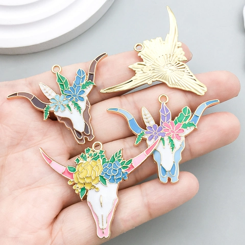 Bohemian Enamel Zinc Alloy Bull Head Floral Pendants Vintage Animal Skull Charms For DIY Necklace Bracelet Accessories