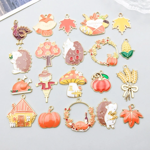 Autumn Thanksgiving Alloy Enamel Charms For DIY Jewelry Making Turkey Pumpkin Maple Leaf Hedgehog Scarecrow Mixed Pendants