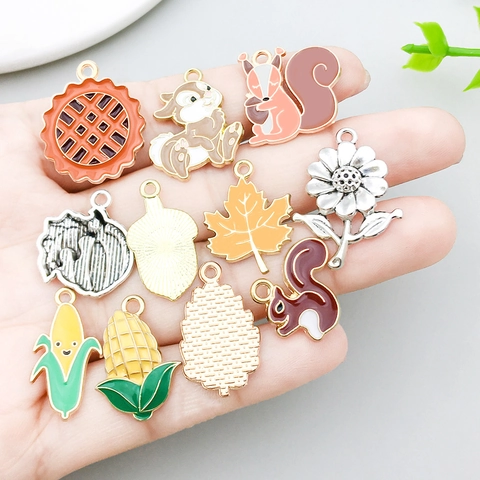Alloy Drip Oil Thanksgiving Pendants Squirrel Pumpkin Pine Cone Maple Leaf Enamel Charms For DIY Necklace Bracelet Making Jewelry Accessories