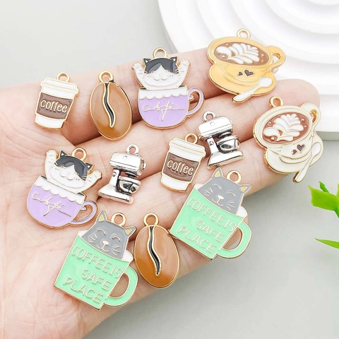 Vintage Zinc Alloy Enamel Coffee Cup Cat Pendants For DIY Keychain Earrings Necklace Jewelry Making Accessories Mixed Charms