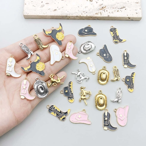 Western Cowboy Theme Enamel Alloy Pendants Cowboy Hat Boots Horse Bull Head Charms For DIY Necklace Bracelet Jewelry Accessories