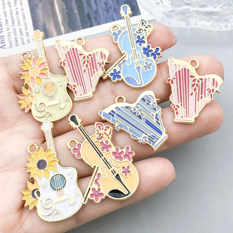 Emaille Musikinstrument Legierung Anhänger Floral Harfe Cello Gitarre Charms Für DIY Halskette Armband Schmuckherstellung