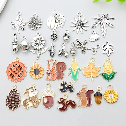 Alloy Drip Oil Thanksgiving Pendants Squirrel Pumpkin Pine Cone Maple Leaf Enamel Charms For DIY Necklace Bracelet Making Jewelry Accessories