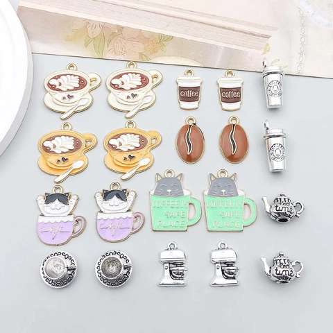 Vintage Zinc Alloy Enamel Coffee Cup Cat Pendants For DIY Keychain Earrings Necklace Jewelry Making Accessories Mixed Charms
