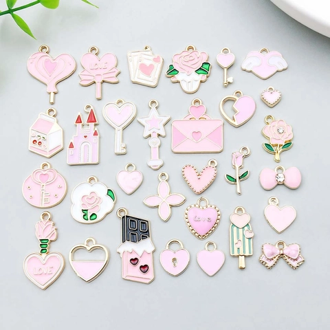Valentine's Day Pink Enamel Zinc Alloy Heart Pendant Set DIY Jewelry Making Accessories Rose Key Castle Bow Charms