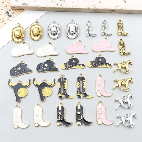 Western Cowboy Theme Enamel Alloy Pendants Cowboy Hat Boots Horse Bull Head Charms For DIY Necklace Bracelet Jewelry Accessories