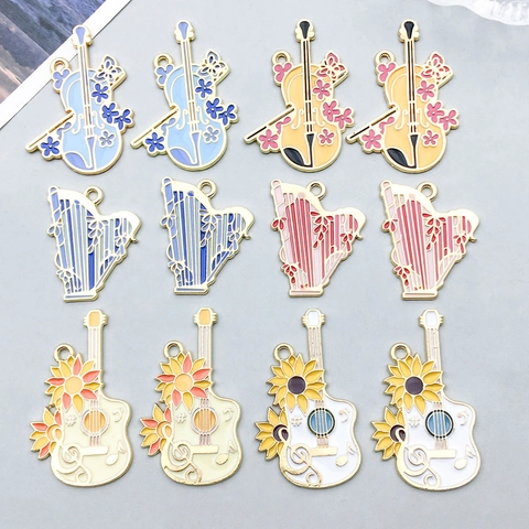 Emaille Musikinstrument Legierung Anhänger Floral Harfe Cello Gitarre Charms Für DIY Halskette Armband Schmuckherstellung