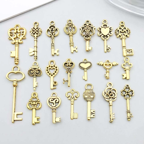 Vintage Antique Gold Alloy Hollow Heart Key Pendants For DIY Bracelet Necklace Making Retro Jewelry Charms Decorative Accessories