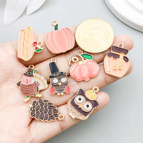 Thanksgiving Theme Enamel Alloy Pendants Cartoon Pumpkin Turkey Squirrel Owl Charms For DIY Necklace Bracelet Jewelry Making