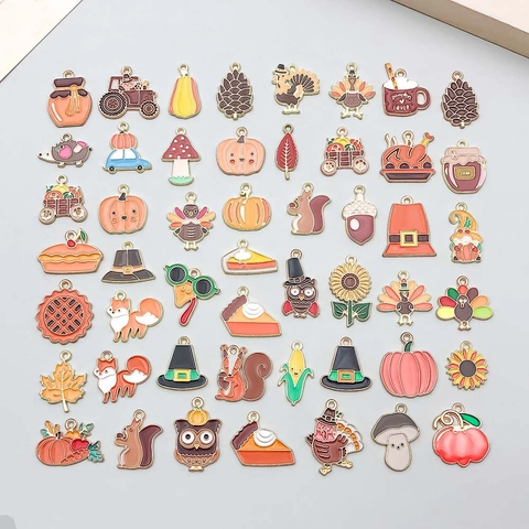 Thanksgiving Autumn Enamel Charms Pendants Mixed Zinc Alloy Turkey Pumpkin Maple Leaf For DIY Jewelry Making Findings