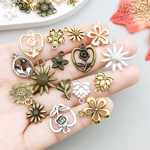 DIY Alloy Flower Pendants Set Vintage Rose Sunflower Clover Mixed Charms For Jewelry Making Bracelet Necklace Accessories