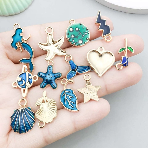 Breloques en Alliage de Zinc Émail Bleu pour Fabrication de Bijoux DIY Sirène Étoile de Mer Coquille Coeur Fleur Étoile Lune Planète