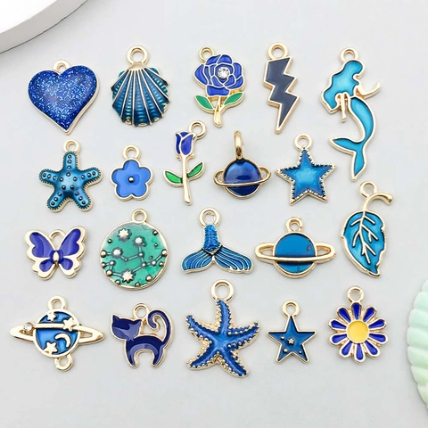 Breloques en Alliage de Zinc Émail Bleu pour Fabrication de Bijoux DIY Sirène Étoile de Mer Coquille Coeur Fleur Étoile Lune Planète