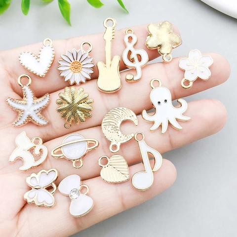 White Enamel Zinc Alloy DIY Pendants Charms Gold Plated Daisy Starfish Butterfly Cat Moon Music Note Guitar For Jewelry Making