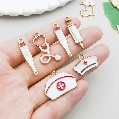 Medical Theme Alloy Enamel Charms Nurse Hat Stethoscope Syringe Blood Bag Heart DIY Bracelet Necklace Jewelry Making Charm