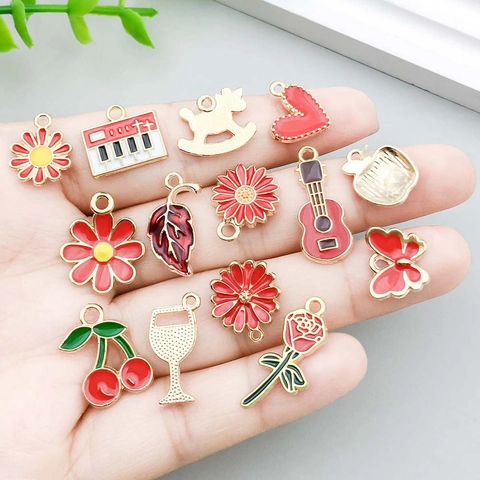 Red Enamel Alloy Flower Fruit Heart Pendants For DIY Jewelry Making Necklace Bracelet Decoration Charms For Women Girls