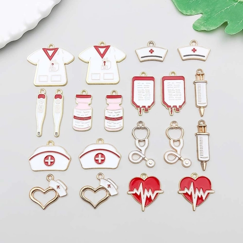 Medical Theme Alloy Enamel Charms Nurse Hat Stethoscope Syringe Blood Bag Heart DIY Bracelet Necklace Jewelry Making Charm