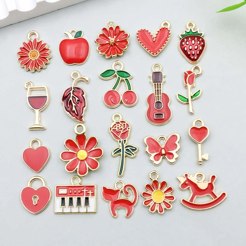 Red Enamel Alloy Flower Fruit Heart Pendants For DIY Jewelry Making Necklace Bracelet Decoration Charms For Women Girls