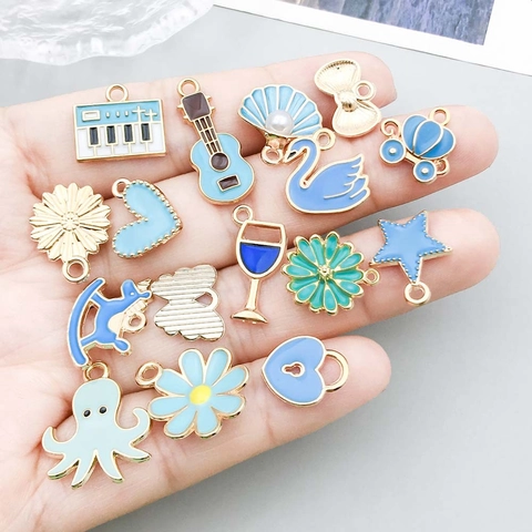 Lake Blue Zinc Alloy Enamel Charms Pendants Butterfly Swan Heart Flower Musical Instruments DIY Jewelry Accessories For Women