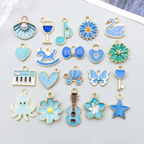 Lake Blue Zinc Alloy Enamel Charms Pendants Butterfly Swan Heart Flower Musical Instruments DIY Jewelry Accessories For Women