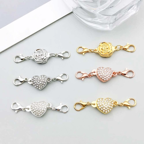 Zinc Alloy Magnetic Lobster Clasps For Jewelry Making Heart Rose Flower Rhinestone Connectors DIY Necklace Bracelet Accessories