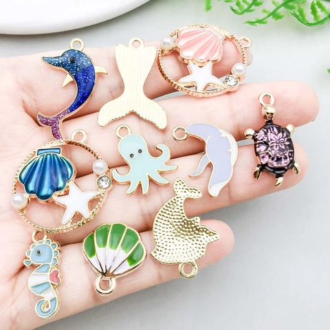 Ocean Animal Series Alloy Enamel Charms For DIY Jewelry Making Seahorse Dolphin Shell Turtle Fish Mermaid Tail Pendants Pack