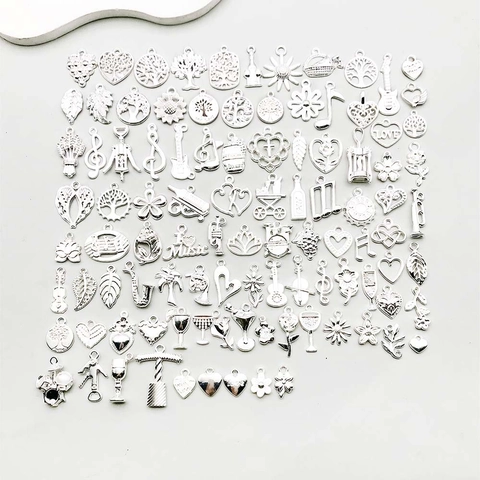 Vintage Silber Zinklegierung Anhänger Charms Für DIY Schmuckherstellung Lebensbaum Blume Herz Musiknote Rose Weinglas Formen