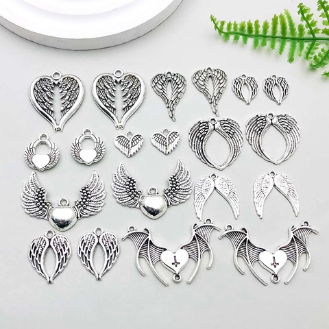 Antique Silver Alloy Wing Heart Pendant Charms Angel Bat Wing Cross For DIY Jewelry Making Necklace Bracelet Accessory