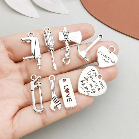 Antique Silver Zinc Alloy Tool Charms Father's Day Hardware Tool Pendant Mixed Set Hammer Wrench Screwdriver For DIY Jewelry Making