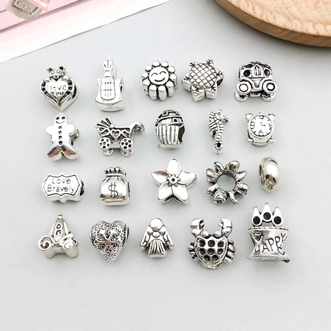 Vintage Zinc Alloy Large Hole Beads For DIY Bracelet Necklace Making Antique Silver Heart Crown Star Pendants Jewelry Charms