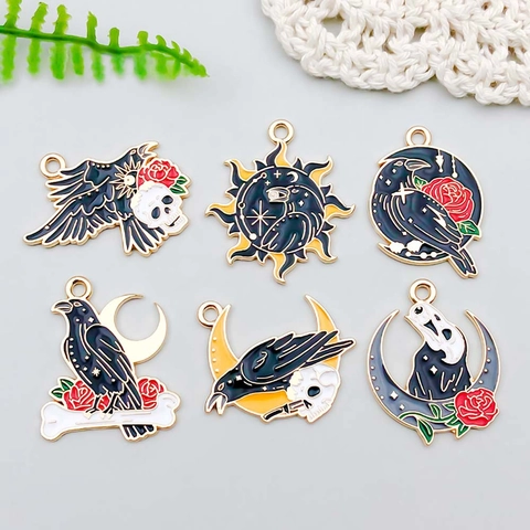 Gothic Raven Enamel Pendants For Jewelry Making DIY Necklace Bracelet Zinc Alloy Skull Moon Rose Mystical Charms Accessory